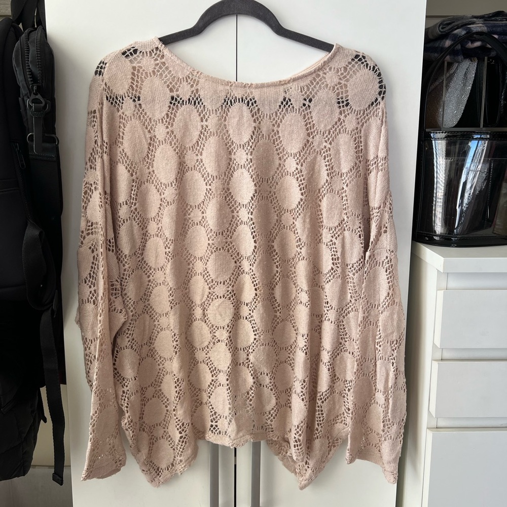 Vintage Havana Tan/Beige Oversized Crochet Top with Buttons